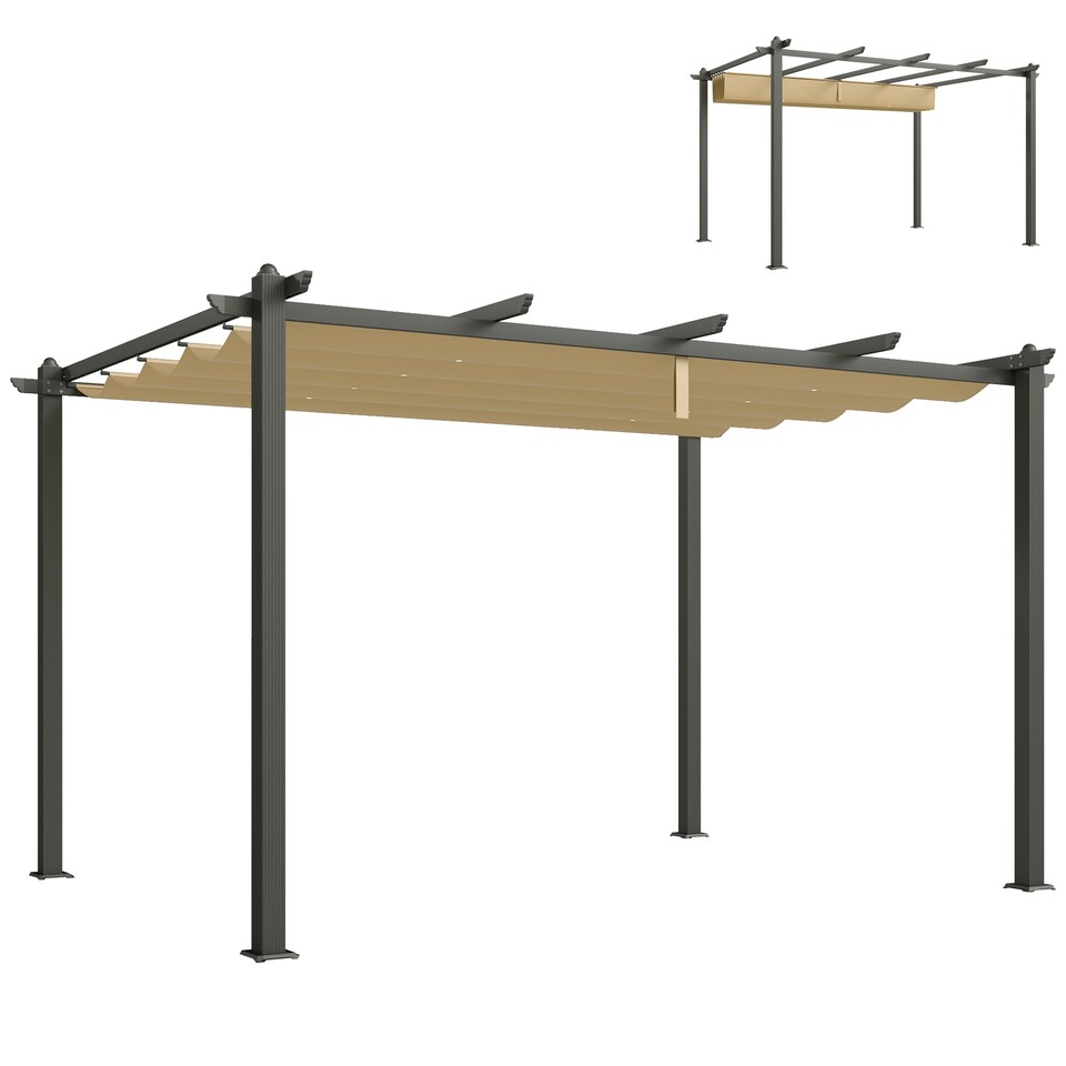 image 1 of Outsunny 3 x 4m Aluminium Pergola with Retractable Roof, Garden Gazebo Khaki | Brown | 1
