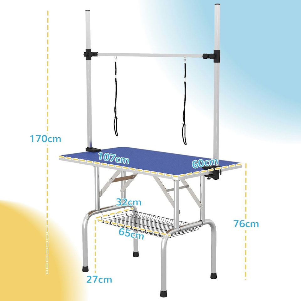 image 1 of PawHut Metal Adjustable Dog Grooming Table Rubber Top 2 Safety Slings Mesh