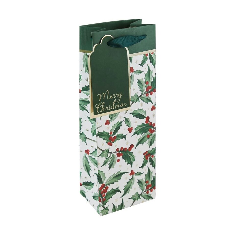Holly Forest Green Christmas Bottle Gift Bag