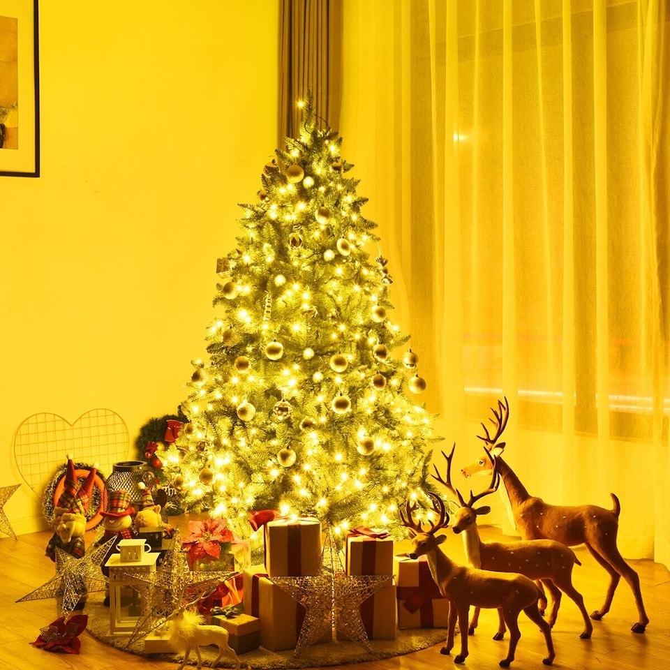 image 1 of COSTWAY 5FT Pre-Lit Artificial Christmas Tree with LED Lights & 8 Lighting Modes Green