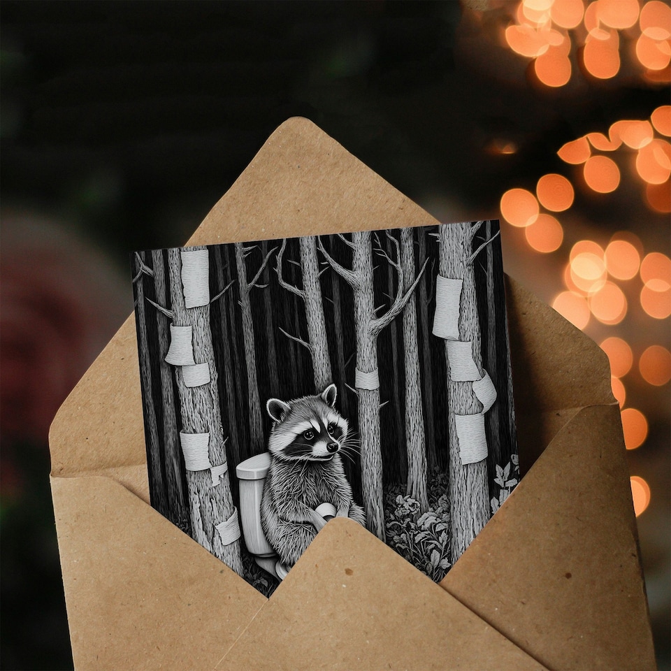 image 1 of Raccoon on Toilet in Forest Black White Surreal Birthday Greeting Card
