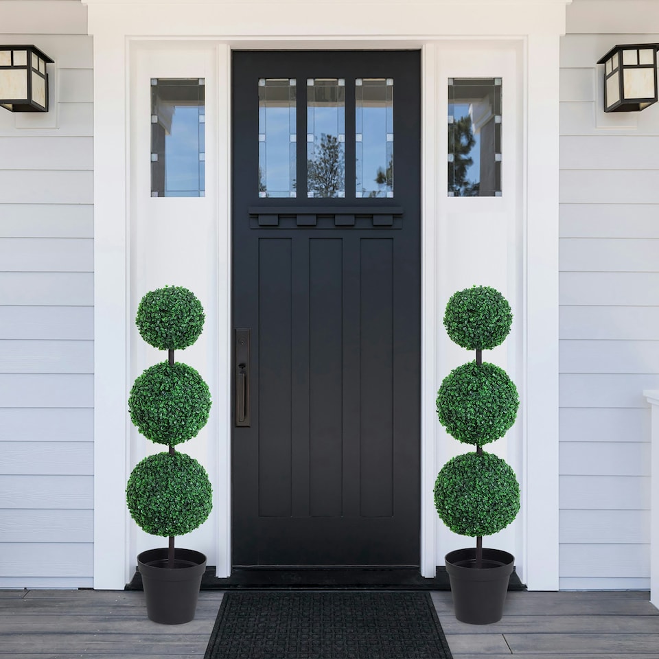 image 1 of Outsunny 2 PCS Artificial Boxwood Three Balls Tree Decorative  Plant Leaves