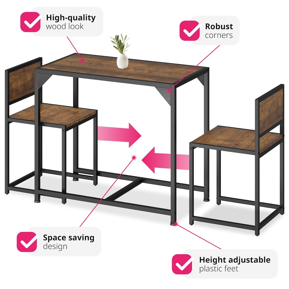 image 1 of Dining Table and Chairs Milton - 3-piece set | Brown | Industrial wood dark, rustic | 1