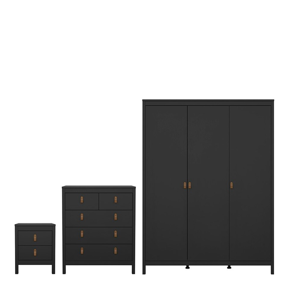 image 1 of Barcelona 3 Piece Bundle, Bedside, Chest and 3 Door Wardrobe in Matt Black