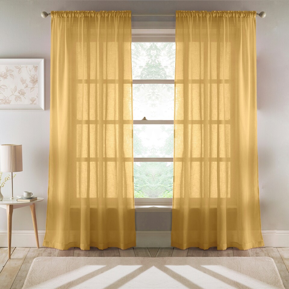 image 1 of Pair of Eden Ochre 100% Recycled Voile Panels 122 cm (48 inch) Rod Pocket Panels for Bedroom and Living Room
