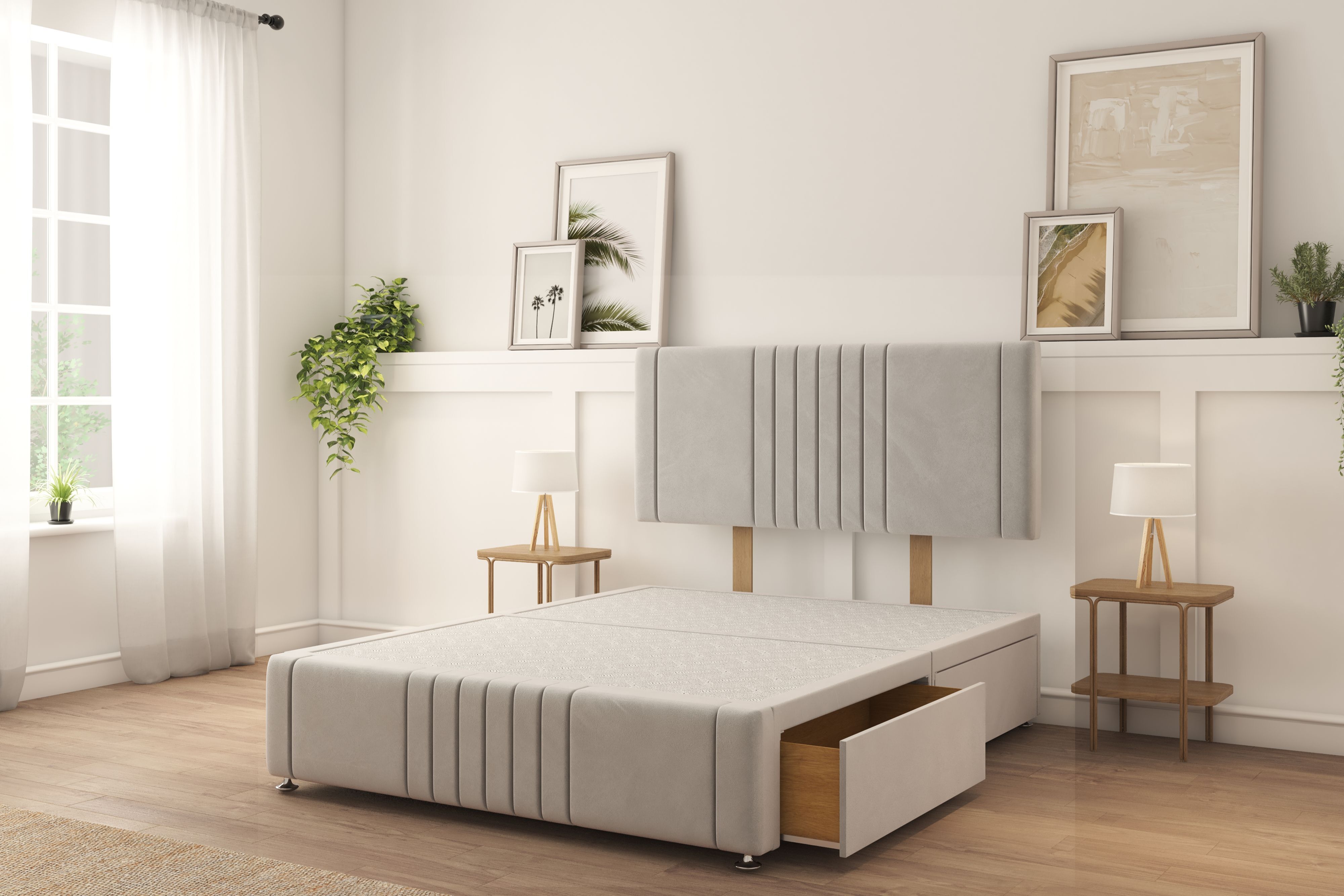 Sloomy Harrington Silver Plush Divan Bed Base 2 Drawers Right Side With 26" Strutted Headboard & 12" Footboard 4'6 Double
