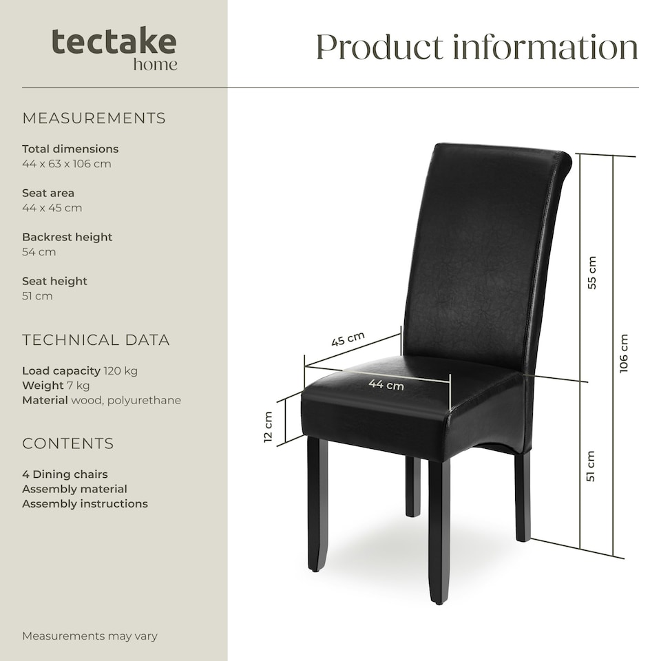 image 1 of Dining Chair - ergonomic seat shape, high backrest, padded, faux leather - Set of 4 Black