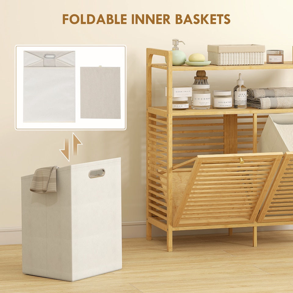 image 1 of HOMCOM Double Tilt Out Laundry Cabinet Bamboo Laundry Hamper Cabinet | Brown | Natural, Cream White | 82W x 33D x 88H cm