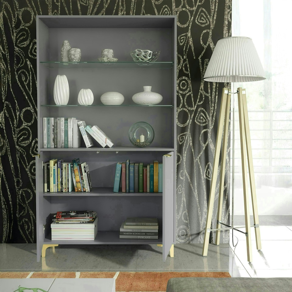 image 1 of Grey Display Cabinet 100cm Ribbed Doors Gold Legs Modern Storage Unit | Grey