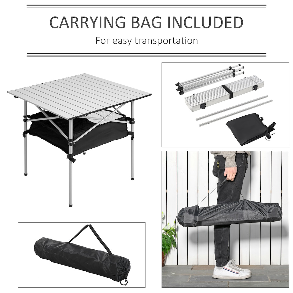 image 1 of Outsunny 70cm Aluminum Roll Top Table w Mesh Bag Camping Outdoor Dining Foldable w Steel Frame Picnic Lightweight Hiking Furniture Desk, Silver