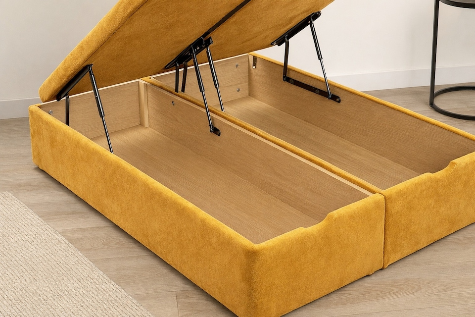 image 1 of 4ft Small Double Lift Up Ottoman Mustard Plush Chesterfield Bed Set Headboard and Mattress