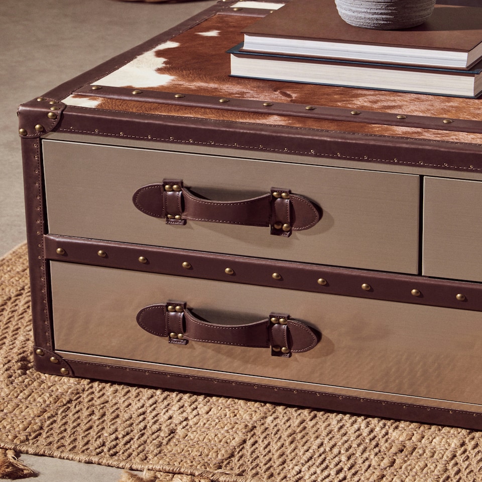 image 1 of Interiors By Premier Brown And White Genuine Cowhide Coffee Table,Rectangular Table With 3 Aluminium Plated Drawers,Center Table Brown