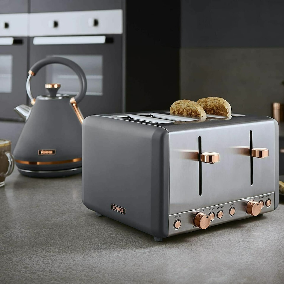 image 1 of Tower Grey & Rose Gold Pyramid Kettle Toaster Bread Bin & Canisters Set