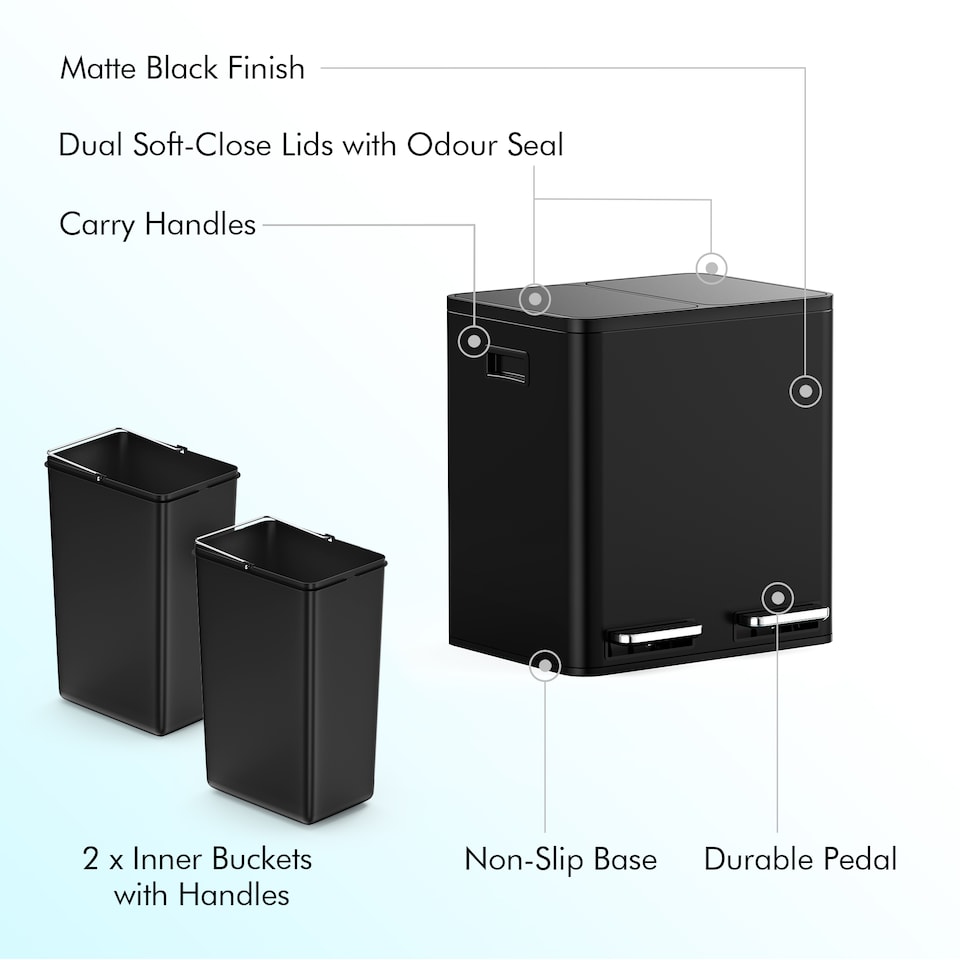 image 1 of VonHaus Cream 30L Waste & Recycling Kitchen Bin, 2 x 15L Black Compartment Pedal Bin w/ Non Slip Base, Removable In-Bins | Black | Matte Black | 45L