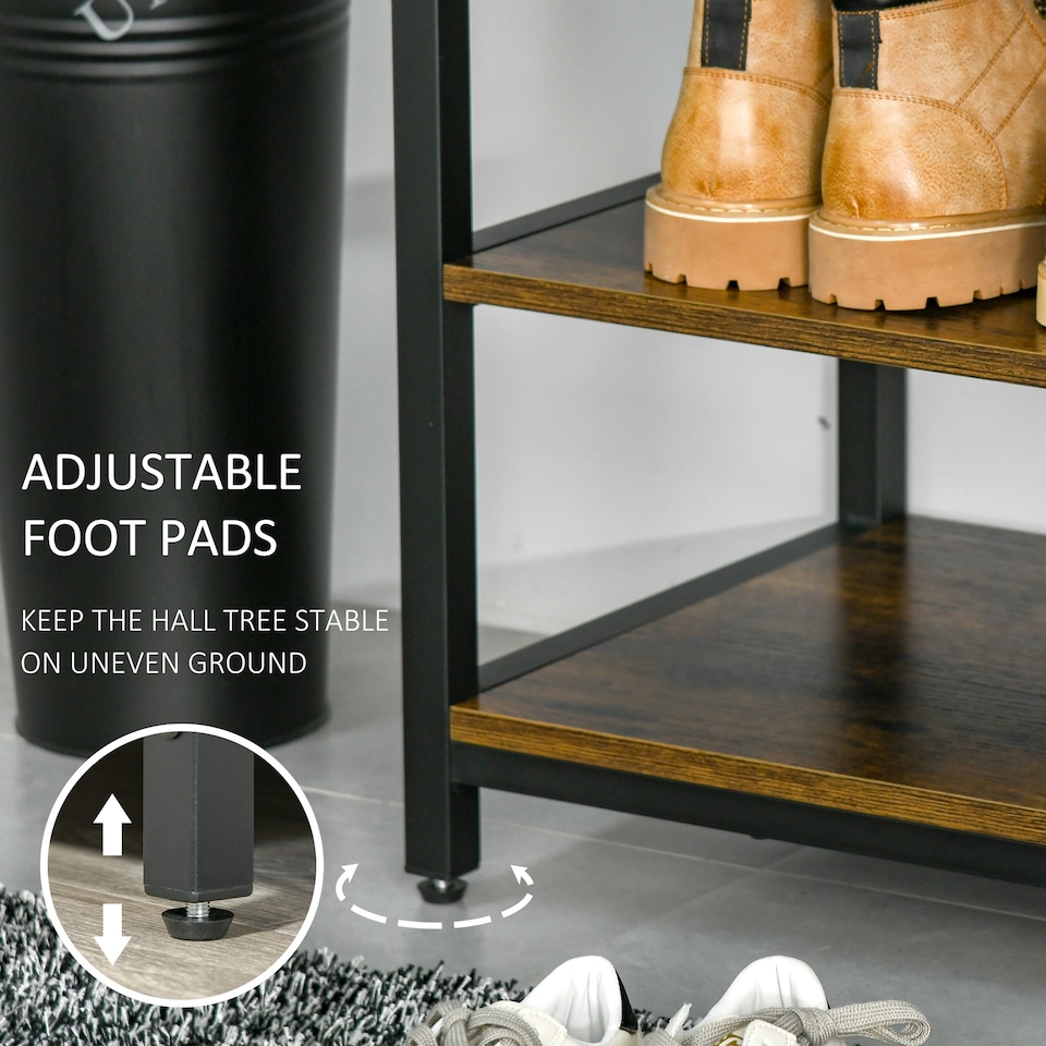 image 1 of HOMCOM Coat Rack Stand, Free Standing Hall Tree, Coat Stand with Hooks, Bench and Shoe Rack, 100cm x 38.5cm x 185.5cm, Industrial Style, Rustic Brown and Black