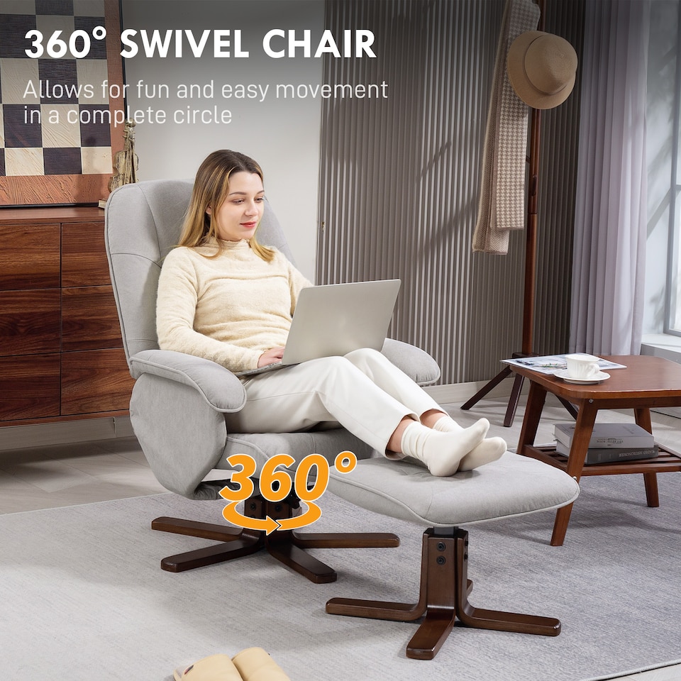image 1 of HOMCOM Swivel Recliner Chair with Footstool and Wooden Base, Light Grey