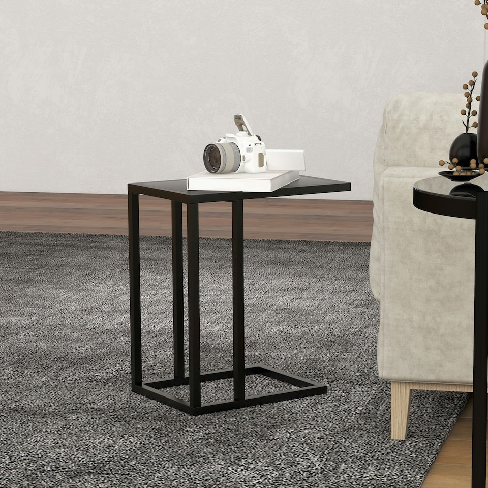 image 1 of HOMCOM C Shape Side Table w/ Wood-Effect Top Black