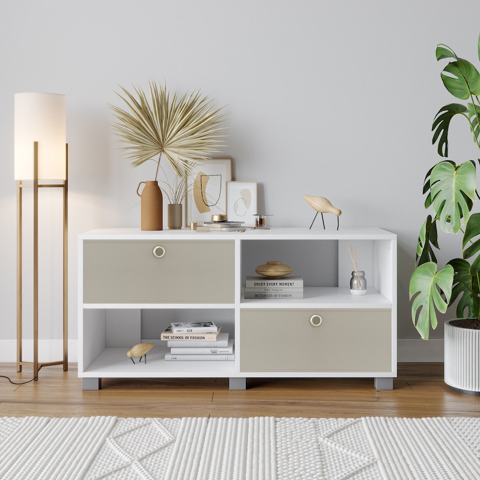 image 1 of Black TV Stand with 2 Drawers | White | White & Beige | 1