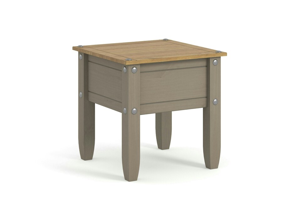 image 1 of Corona Solid Pine Lamp Table - Rustic Wooden Side Table with Chunky Legs, Optional Metal Pin Detailing | Grey | Grey Wax | One Size | 1