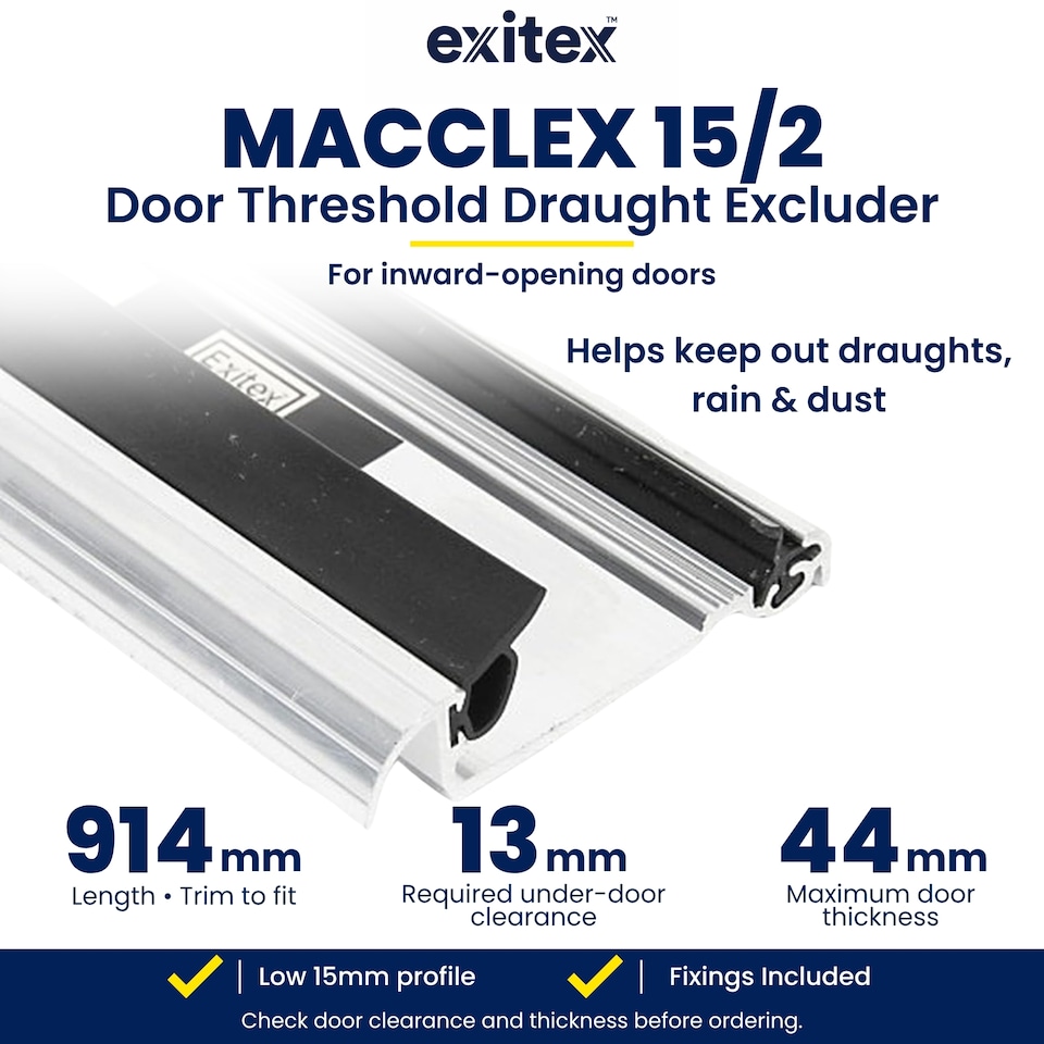 image 1 of Exitex Macclex 15/2 Aluminium Door Threshold Draught Excluder Cill for 44mm Doors, 914mm | Silver