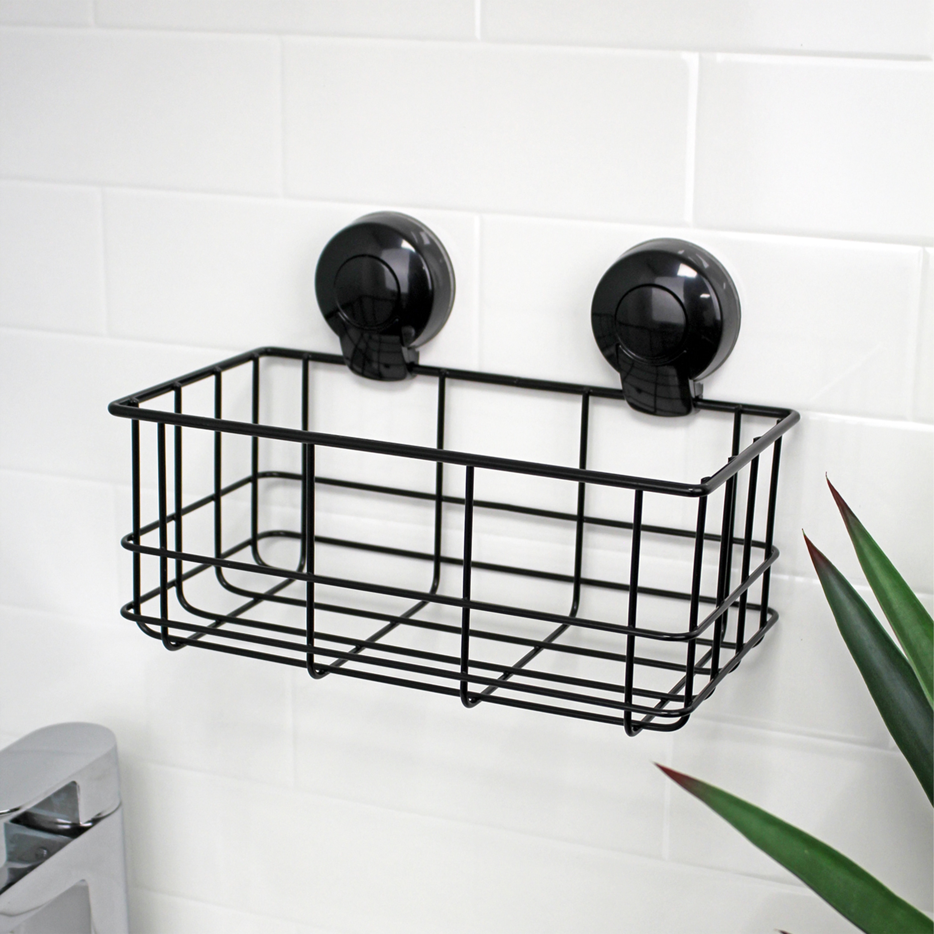 Showerdrape Suctionloc Black Suction Wall Mounted Bottle Basket with Mounting Discs Black 1