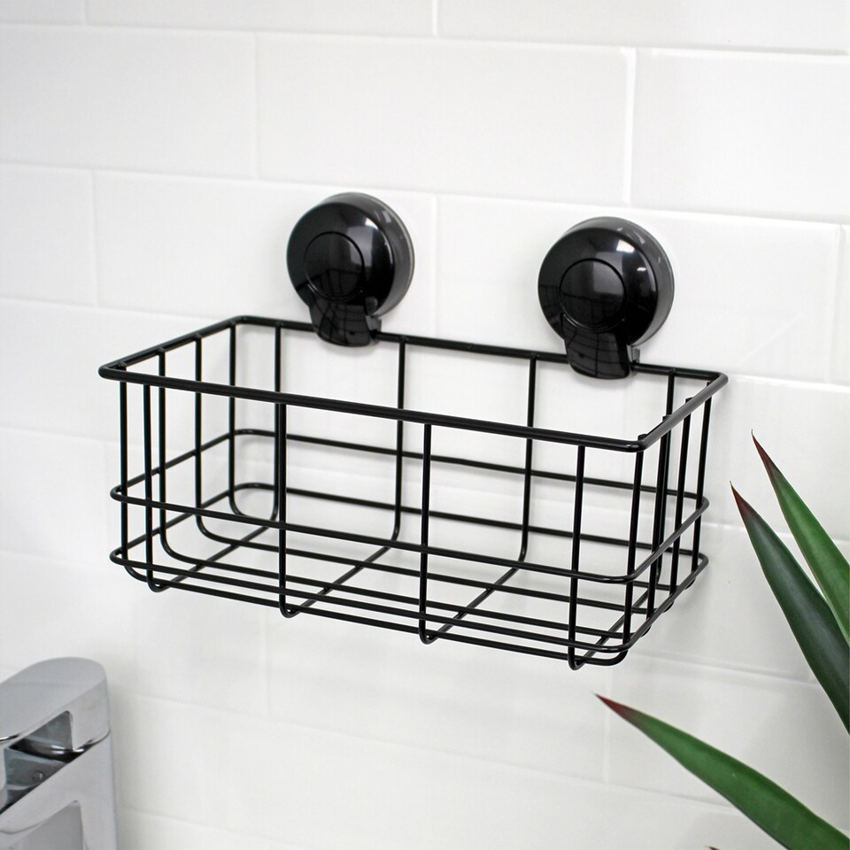 image 1 of Showerdrape Suctionloc Black Suction Wall Mounted Bottle Basket with Mounting Discs | Black | 1