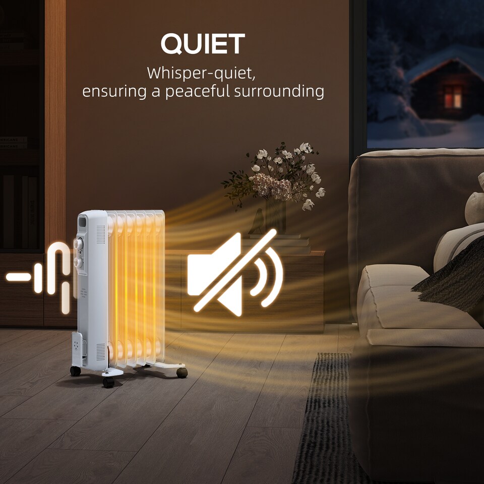 image 1 of HOMCOM 1500W Quiet Oil Filled Radiator, 7 Fin Energy Efficient Portable Electric Heater with 3 Heat Settings, Adjustable Temperate, Safety Tip Over, Overheat Protection, Wheels, for Home, White