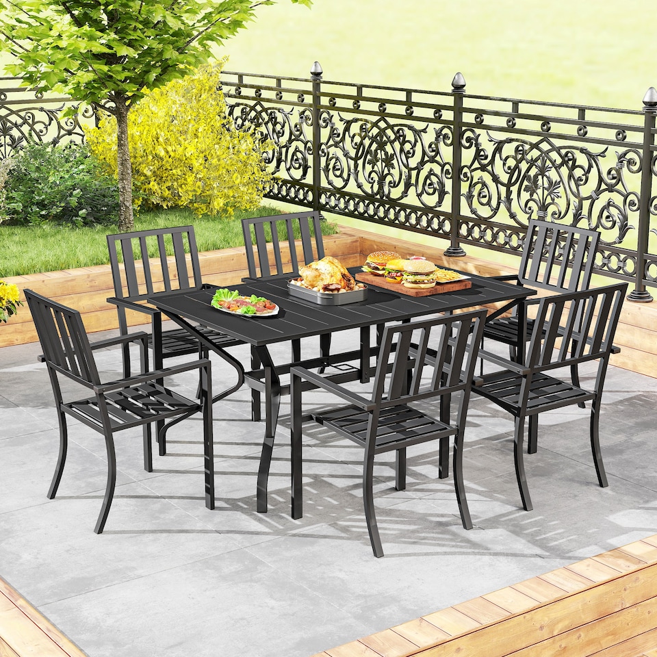 image 1 of Outsunny 7 Pieces Patio Dining Set with Umbrella Hole, for Poolside, Garden | Black | Black | Table: 150x90x73cm; Chair: 57x58x89cm