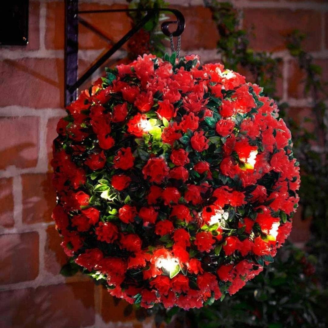 MantraRaj 25CM Solar Powered Topiary Ball 20 LED Flower Lights Dual Function Great For Outdoor Decorations (Red)