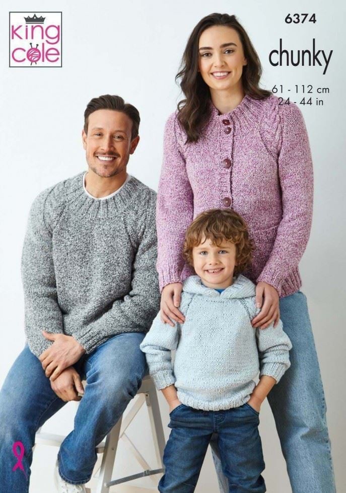 King Cole Simply Denim Chunky Knitting Pattern 6374, Sweaters, Hoodies and Cardigans for Kids, Teenagers, Men and Women - 24 - 44 Inches