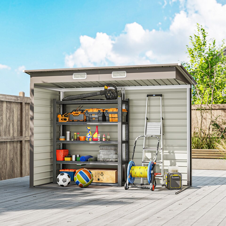 image 1 of Outsunny 8 x 4FT Garden Shed, Galvanised Metal Shed, Easy to Assemble, Outdoor Tool Storage Shed with Pent Roof, Lockable Door and 2 Vents, Light Grey | Grey | 1