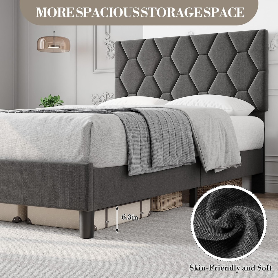 image 1 of London Boutique Upholstered Bed Frame with Adjustable Diamond Tufted Headboard, Wooden Slats Support, Grey/Double, 135 x 190 cm
