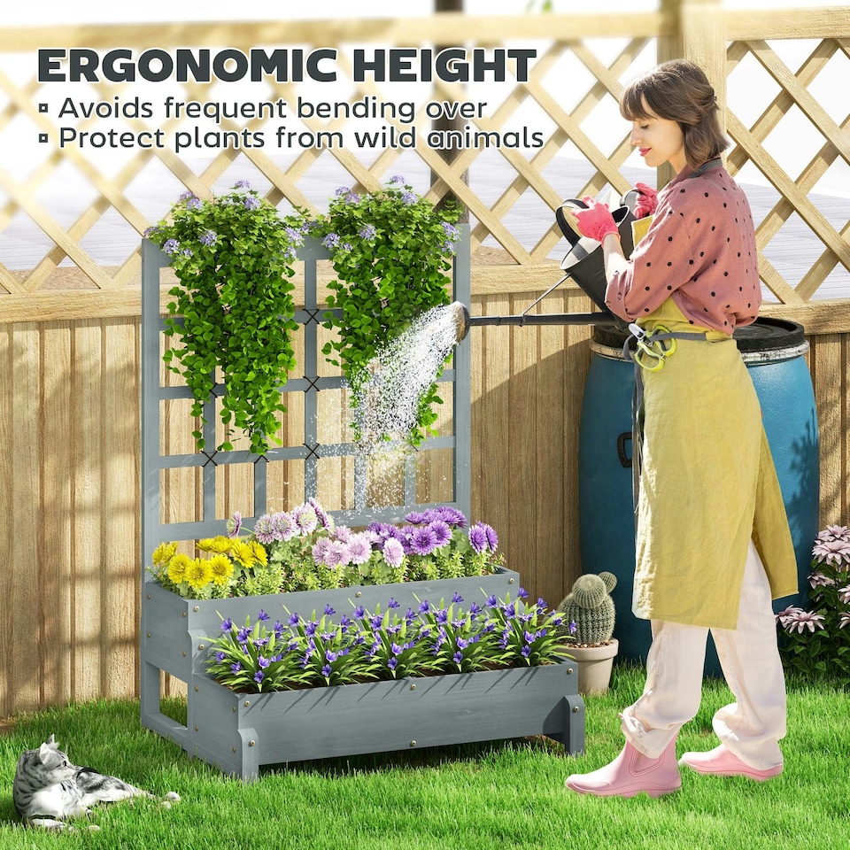 image 1 of Outsunny 2-Tier Wooden Raised Bed with Trellis and Drainage Holes, Brown 