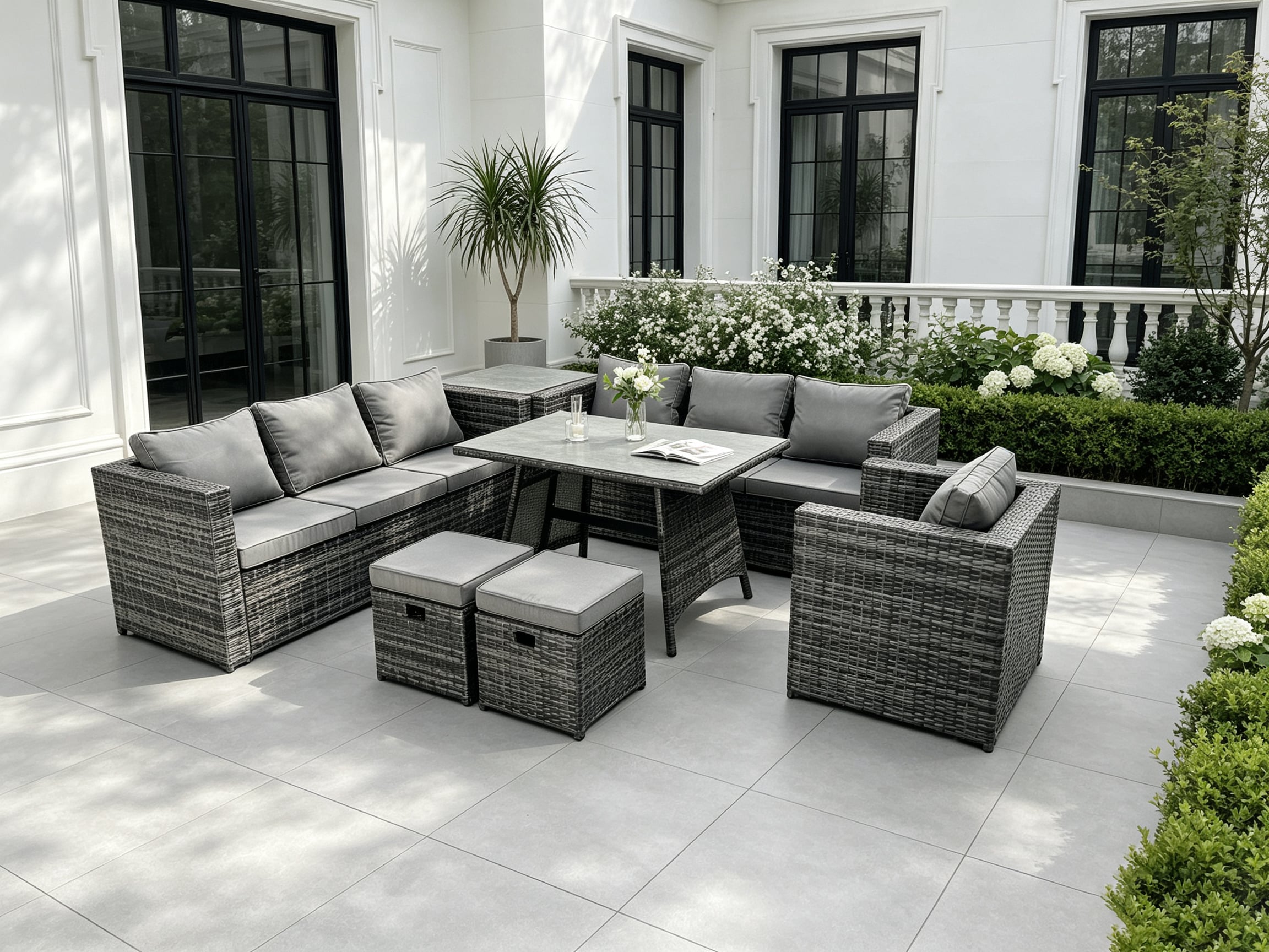 Fimous 9 Seater Rattan Outdoor Furniture Sofa Garden Dining Set with Dining Table Armchair Side Table 2 Small Footstools Dark Grey Mixed