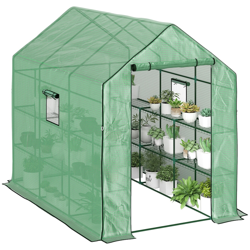image 1 of Outsunny Walk-in Outdoor Green House with Door and Mesh Windows, Green