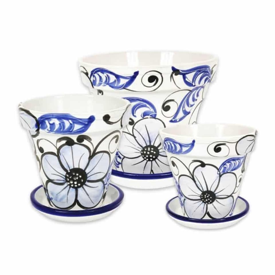 image 1 of Verano Spanish Ceramics Set of 3 Plant Pots & Drainage Plates - 16-29cm Blue Flower