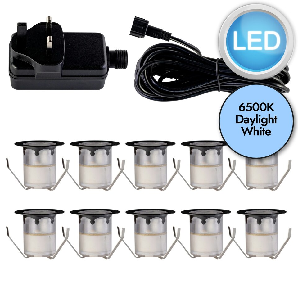 image 1 of Set of 10 - 30mm Black IP67 Cool White LED Decking Kit Black | Clear