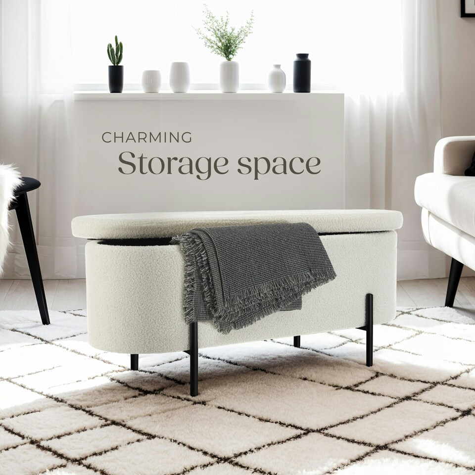 image 1 of Hallway Bench Lanja - upholstered, cushioned, built-in-storage, 97 x 36 x 42 cm Cream | Boucle Cream-White