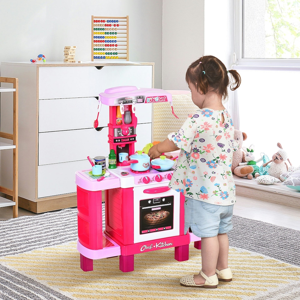 image 1 of HOMCOM 38-Piece Children's Kitchen Play Set w/ Realistic Sounds Lights Food Pink