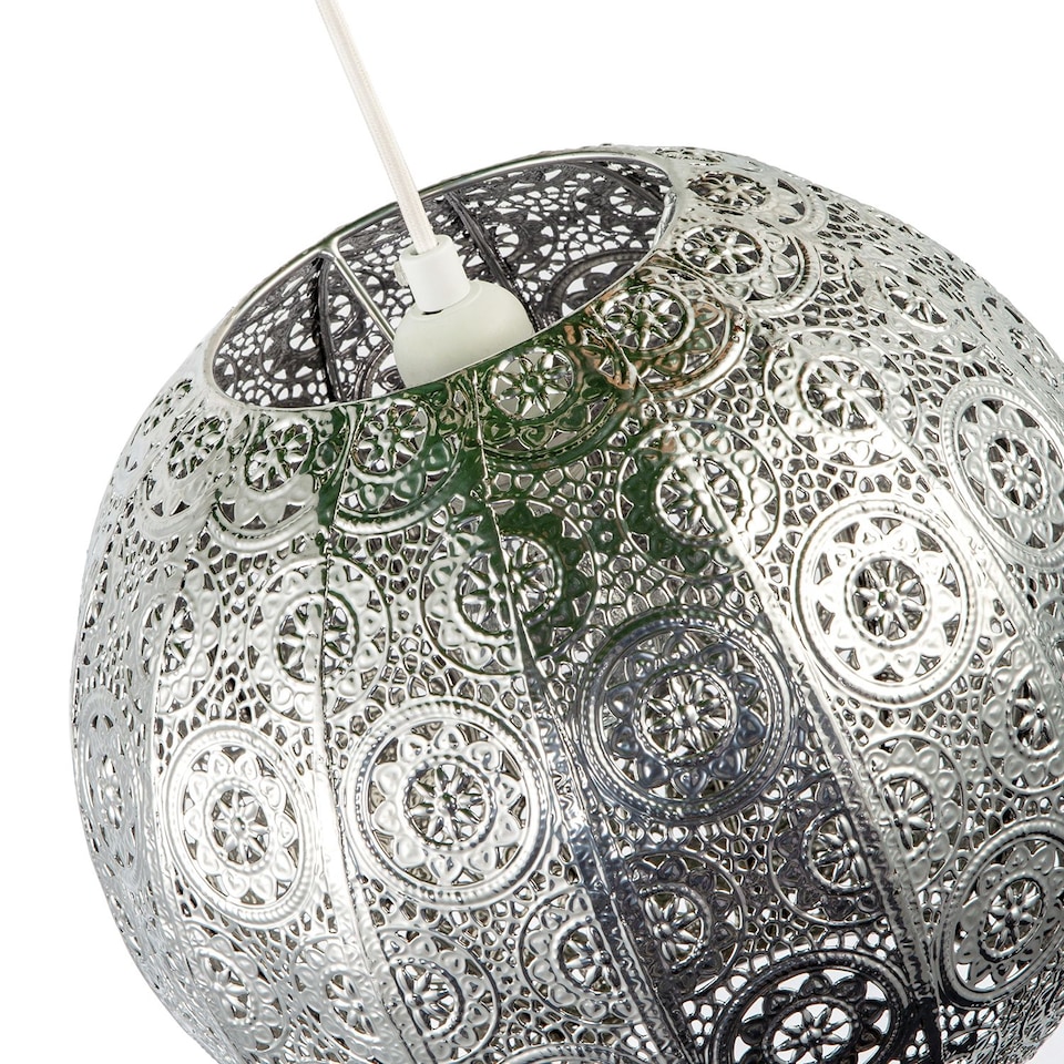 image 1 of Spherical Vintage Moroccan Pendant Lamp Shade in Shiny Silver Metal | Silver | Silver | 1