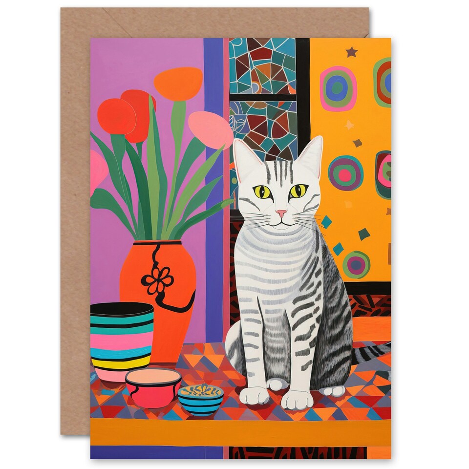 image 1 of Cat Lovers Folk Art Bright Fun for Wife Her Art Card
