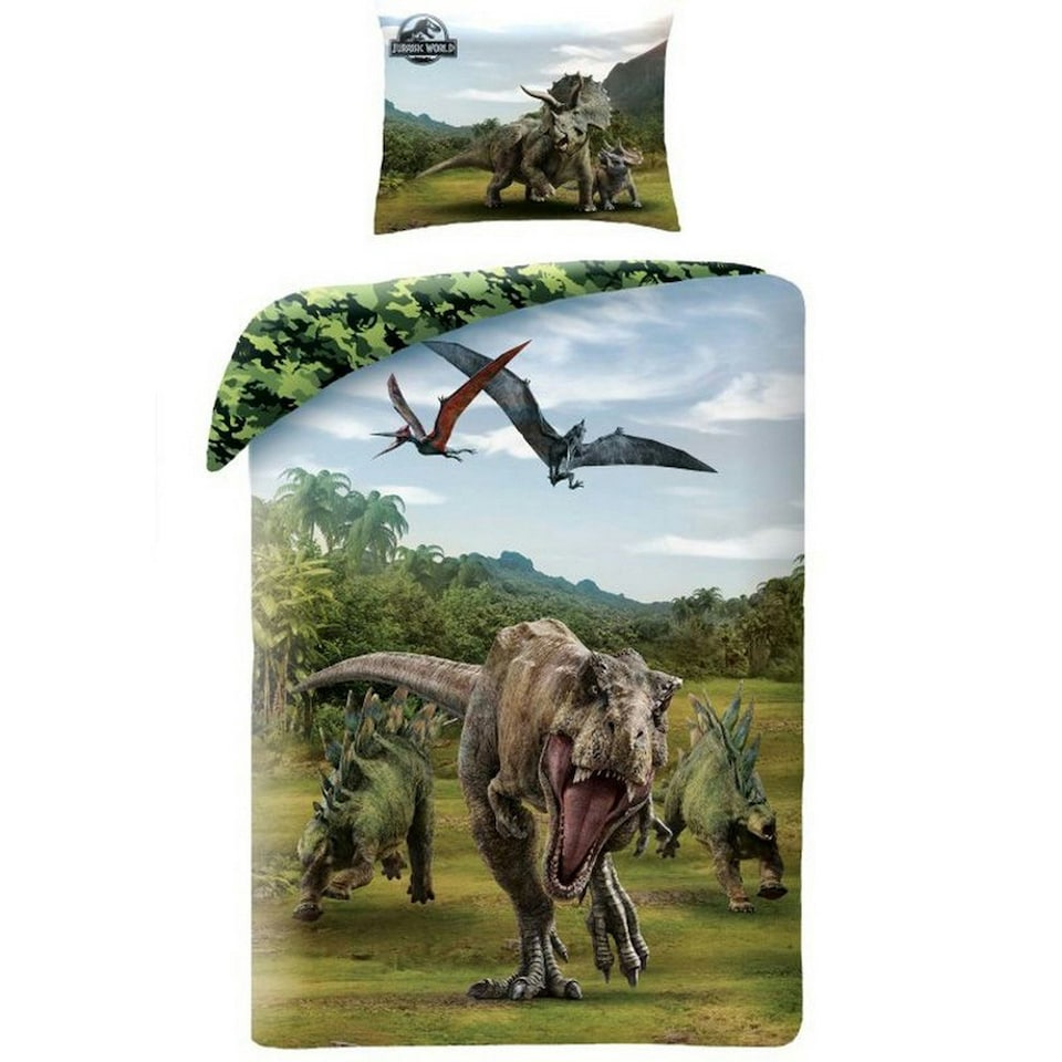 Jurassic World Cotton Duvet Cover Set - Green/Blue/Black - Single | Green | Single