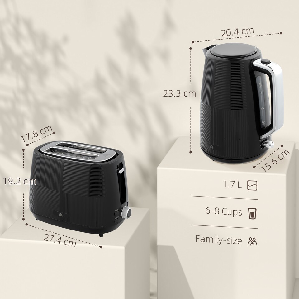 image 1 of HOMCOM 1.7L Fast Boil Electric Kettle and 2 Slice Water Toaster Set, Black