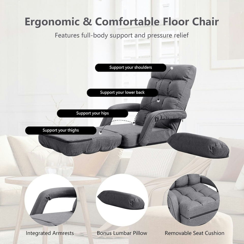image 1 of COSTWAY 2 IN 1 Folding Lazy Sofa Lounger Adjustable Black Grey