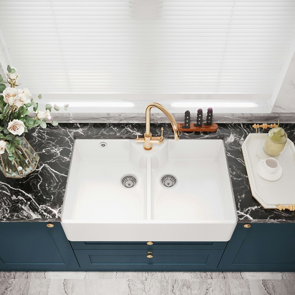 image 1 of 895mm - Double Bowl Fireclay Butler Kitchen Sink - Stepped Weir, Tap Hole & Waste