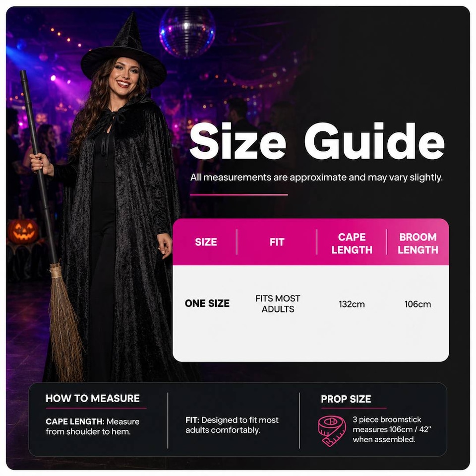 image 1 of Adult Witch Costume Set - Halloween Cape, Pointed Hat & Broomstick