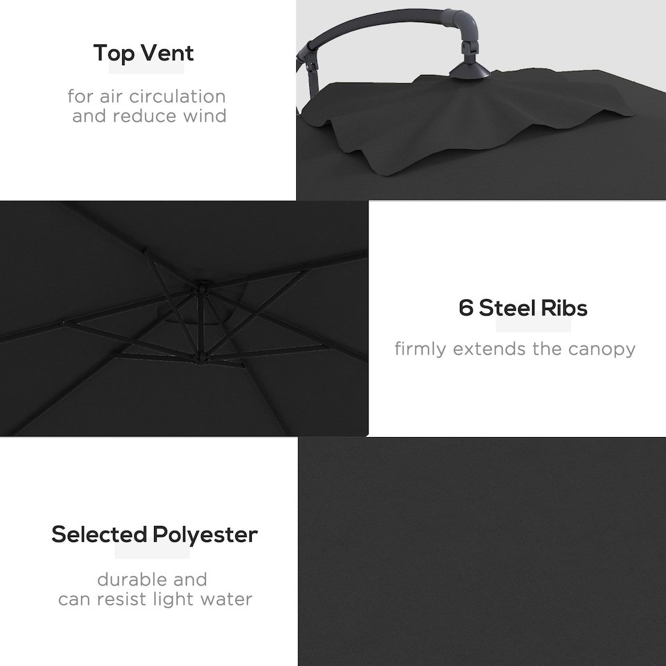 image 1 of Outsunny 3 m Cantilever Parasol with Cross Base, Crank Handle, 6 Ribs, Black