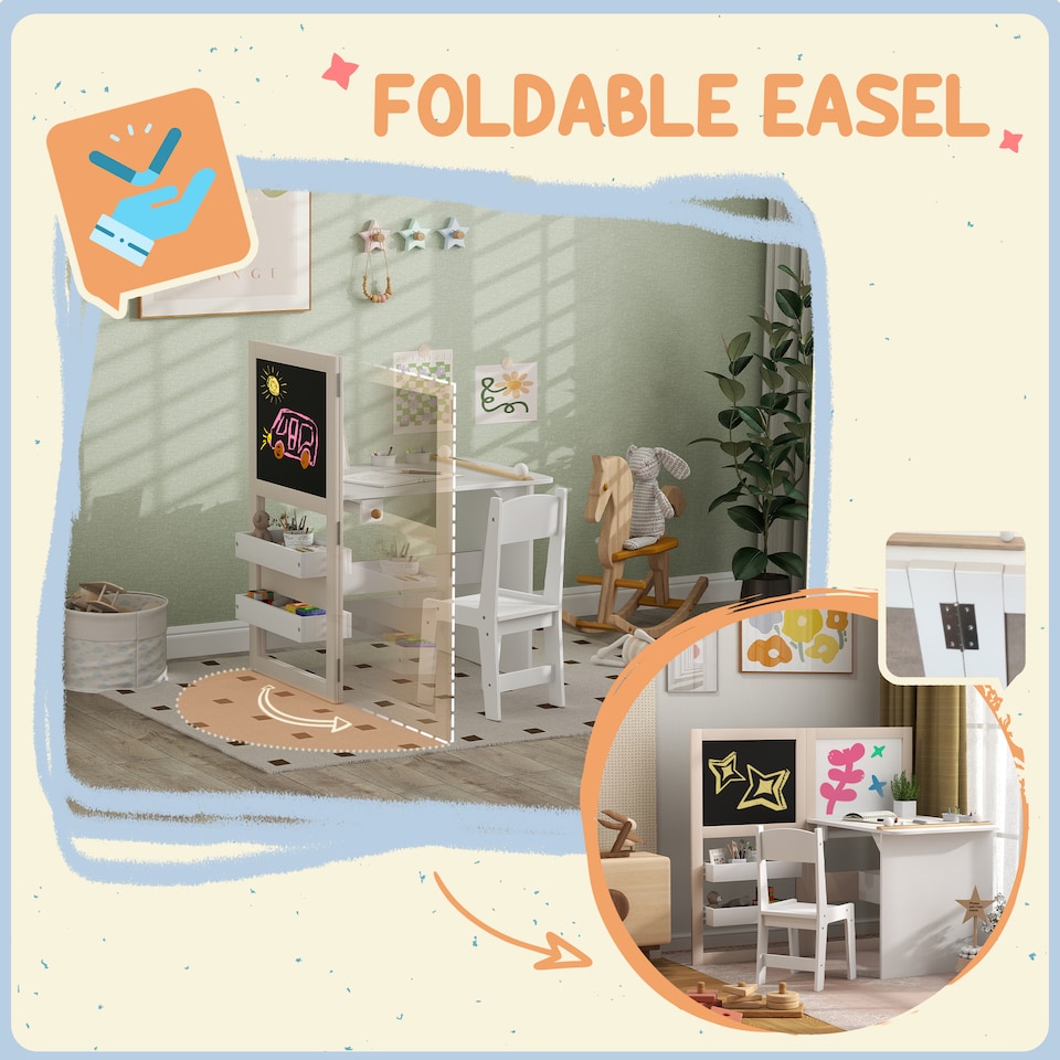 image 1 of AIYAPLAY 3 in 1 Kids Art Table and Chair Set with Storage Shelves, Foldable Blackboard, Whiteboard & Roll Paper, Toddler Table and Chair Set for 3-8 Years, White