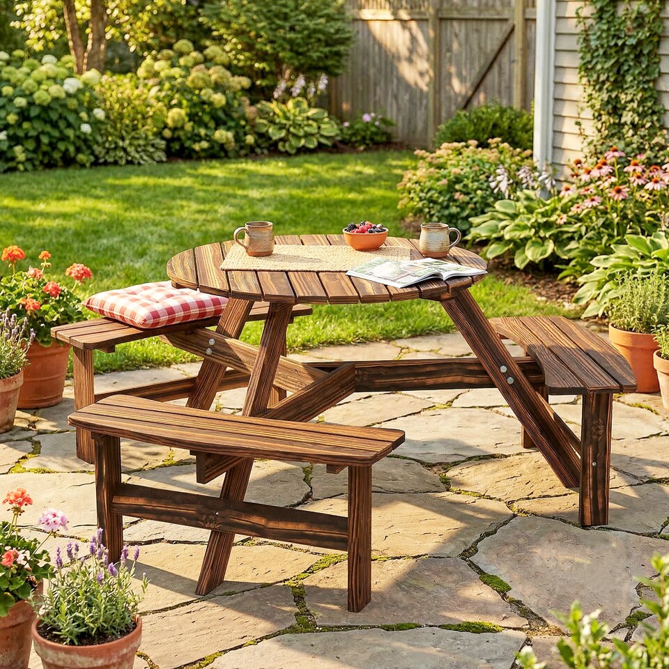 image 1 of Outsunny 6 Person Fir Wood Table Bench Set Outdoor Garden Patio, Carbonized | Brown | Carbonised finish | Table: 90 x 70 cm; Bench: 80 x 25 x 42 cm