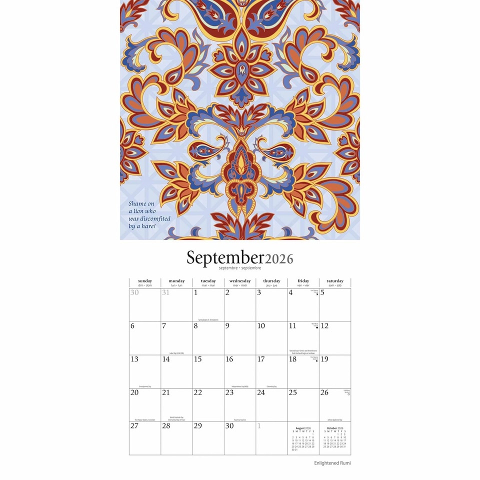image 1 of Enlightened Rumi Calendar 2026, Wall Calendars, Month To View, Lifestyle, Gift